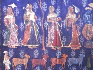 EARLY PITCHWAI or Indian religious painted Hanging.Late 18c or early 19c
from Rajasthan or Deccan for the indian market. Krishna playing flute under a moon is surrounded by eight gopis with fans, parasols  ...