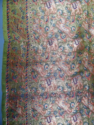 Before 1950
India for the domestic market 
Superb long silk woven shawl made in India for the domestic market probably around 1920/1930. Shawl with a background full of decorations of elephant and tiger  ...