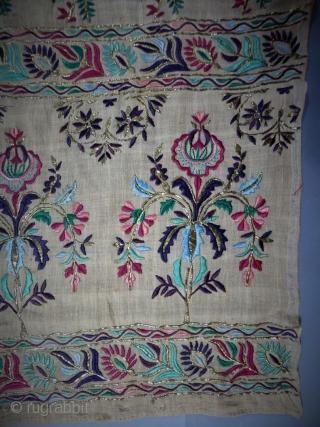 Before 1860
Ottoman Empire
Polychrome embroidered cotton hangings and gold probably from the Ottoman Empire before 1860. Three panels in reversible embroidery of polychromatic silk threads and flat golden threads. Assembled by two ribbons  ...