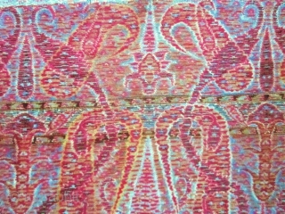 Interesting indian Kani weave shawl from Punjab(Twill tapestry) Circa 1840 . Woven by hand with nine colors as turquoise, yellow, red, pink, white, green, black, blue and purple, this shawl has a  ...