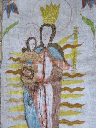 Indo Portuguese Christian Chasuble from China (Macao?)for export

very enigmatic chasuble embroidered potentially Compagnie des Indes Indo - Portuguese for Christianity. Embroidery of silk embroidery with a beautiful Virgin and child on a  ...