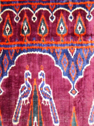 Ikat Velvet Persian hanging. Early 20th century
from Kachan called Pardah. Beautiful floral lateral border , central field decorated by cypresses and with peacocks. The cartridge of bottom indicates the date. Very beautiful  ...