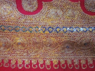 Circa 1900/1940

India / Punjab

Interesting scarlet twill pashmina shawl embroidered with gold and silver Zari work. this kind of embroidery became popular in northern India and was made for special occasions from the  ...