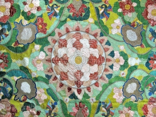 ​Chinese for export to Portugal
Silver and polychrome silk floss embroidered hanging in the Chinese manner. A large central peony is framed by pairs of birds, lotus flowers, clouds and phoenix, all derived  ...