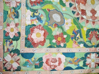 ​Chinese for export to Portugal
Silver and polychrome silk floss embroidered hanging in the Chinese manner. A large central peony is framed by pairs of birds, lotus flowers, clouds and phoenix, all derived  ...