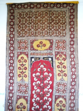 Spectacular block printed hanging from North india late 19c.
this tapestry shows the late return of the Mughal period design that was popular in the eighteenth century. There is a typical mughal tree  ...