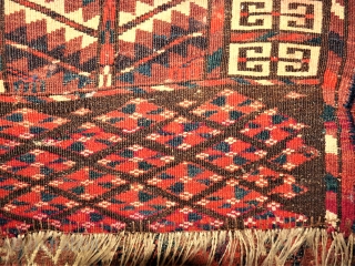 antique Yomud Engsi. Size: 112 x 125 cm. Low pile and used. Very fine knotting.                  