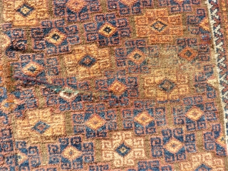 Very rare antique Main Baluch rug. Size:155 x 245 cm. Used condition. Small holes and little repair. Some lost wool. Some area with thin wool. Wonderful kilim ends.     