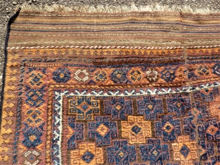 Very rare antique Main Baluch rug. Size:155 x 245 cm. Used condition. Small holes and little repair. Some lost wool. Some area with thin wool. Wonderful kilim ends.     