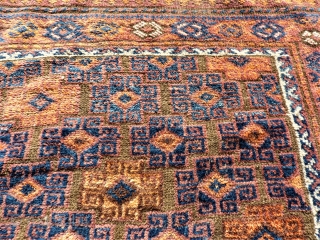 Very rare antique Main Baluch rug. Size:155 x 245 cm. Used condition. Small holes and little repair. Some lost wool. Some area with thin wool. Wonderful kilim ends.     