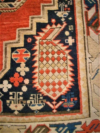 Nice caucasian rug. Fine knotting. Size: 104x185 cm. Used and thin pile. Colors bleached.                   