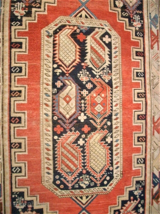 Nice caucasian rug. Fine knotting. Size: 104x185 cm. Used and thin pile. Colors bleached.                   