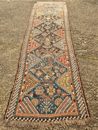 antique Southpersia Gashgai runner. Size: approx. 80 x 370 cm. Thin pile.                     