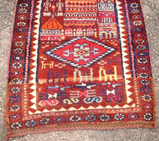 Very old happy kurdish rug. Size: 86 x 210 cm. Interesting rug. Some pile is low.                 