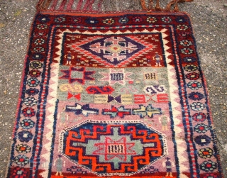 Very old happy kurdish rug. Size: 86 x 210 cm. Interesting rug. Some pile is low.                 