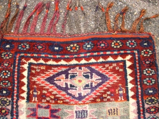 Very old happy kurdish rug. Size: 86 x 210 cm. Interesting rug. Some pile is low.                 