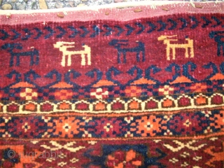 old turkmen torba. Size: 75 x 149 cm. Two edge at the top are dameged. Full pile.                