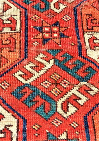 antique Ersari Maincarpet Turkoman rug. Size: 187 x 261 cm. Used condition. Holes. Collectors item. Very interesting piece.               
