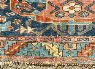 antique caucasian rug. Size: 110 x 160 cm. Used pile. Wonderful colors. Interesting rug.                   