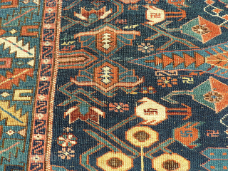 antique caucasian rug. Size: 110 x 160 cm. Used pile. Wonderful colors. Interesting rug.                   
