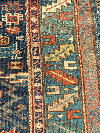 antique caucasian rug. Size: 110 x 160 cm. Used pile. Wonderful colors. Interesting rug.                   