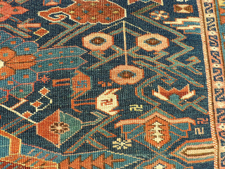 antique caucasian rug. Size: 110 x 160 cm. Used pile. Wonderful colors. Interesting rug.                   