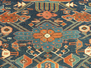 antique caucasian rug. Size: 110 x 160 cm. Used pile. Wonderful colors. Interesting rug.                   