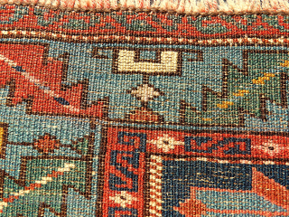 antique caucasian rug. Size: 110 x 160 cm. Used pile. Wonderful colors. Interesting rug.                   