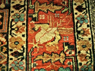 Antique Caucasian rug? Size 99 x 180 cm. Good pile. One edge damaged. Used. Wonderful colors.                 