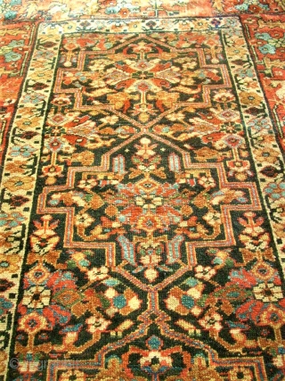 Antique Caucasian rug? Size 99 x 180 cm. Good pile. One edge damaged. Used. Wonderful colors.                 