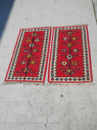 Two small Sarkoy Pirot kilims, patterned ĐULS on the direcs (a variant of the Tree of life)
Dimensions of 1.4 x 0.7 m.
About 90-100 years old, in excellent condition ...

    