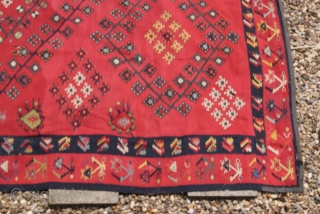 Antique Pirot Sarkoy kilim
rear and unusual pattern combination
died with natural collors
dimensions approximate 360 x 330 cm                 