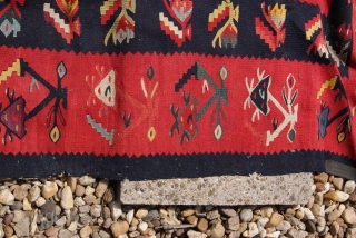 Antique Pirot Sarkoy kilim
rear and unusual pattern combination
died with natural collors
dimensions approximate 360 x 330 cm                 
