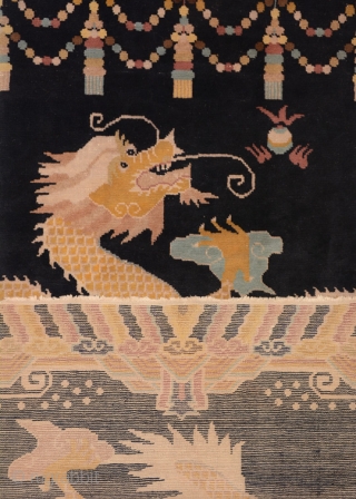 Beautiful rendering of a benevolent dragon ‘pillar’ carpet from the Ningxia region of China, circa 2nd quarter of the 1900's, made specifically to go around columns or ‘pillars’ in a Buddhist monastery.  ...