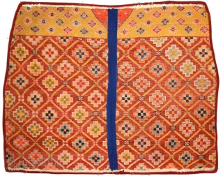 Magnificent Tibetan takheb carpet intended for use as a horse or yak cover / blanket, with a stunning, visually attractive, elaborate lattice-like design as the main field. The top horizontal panel is  ...