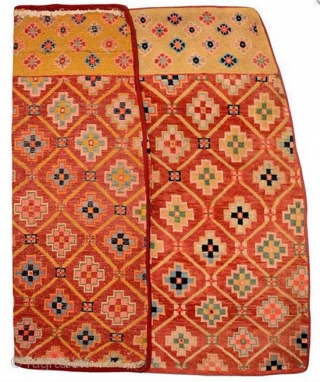 Magnificent Tibetan takheb carpet intended for use as a horse or yak cover / blanket, with a stunning, visually attractive, elaborate lattice-like design as the main field. The top horizontal panel is  ...