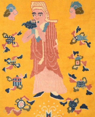 Aesthetically pleasing, uncluttered and very well balanced pictorial Chinese carpet featuring a Buddhist lama (i.e. ‘priest’) made originally to be wall-hung in a Buddhist monastery. As these ‘lama carpets’, as they are  ...