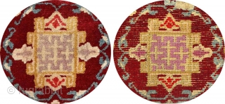 Striking Tibetan makden (‘under-saddle’ carpet) exhibiting a Khotan-like influence with an elaborate mandala motif surrounded by a fine trellis-like circular blue ‘necklace'. The main rose coloured outer border consist of alternating floral  ...