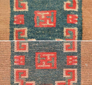 Lovely Tibetan khaden with three mandala-like medallions and uncommon abstract main border motifs. The pile is full throughout, the dyes are excellent and both the warp and weft (and pile) are of  ...