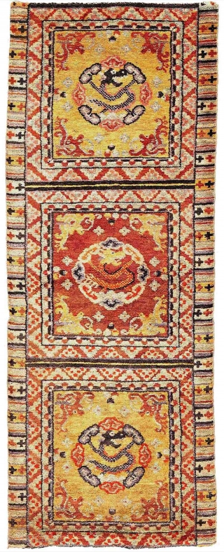 Three panels from what was once a much longer 'runner' (i.e. a long narrow carpet) that may have been made in the Baotou-Suiyuan region of China (or perhaps in Gansu, see below).  ...