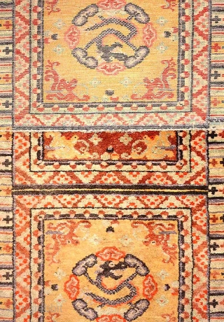 Three panels from what was once a much longer 'runner' (i.e. a long narrow carpet) that may have been made in the Baotou-Suiyuan region of China (or perhaps in Gansu, see below).  ...