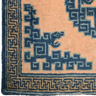 Rare fret dragon seating mat woven in Ningxia, China, in the 18th century / 1700’s. Hand spun cotton warp (Z?S) and weft (2 shoots, each of three off-white Z-spun single yarns) with  ...