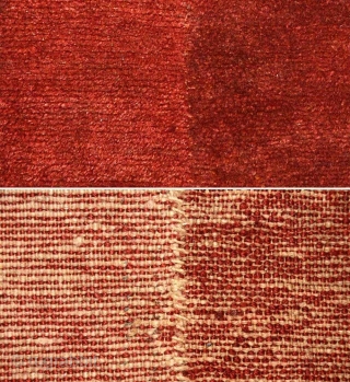 Lustrous burgundy coloured beautifully abrashed four-panel Tibetan tsuktruk with soft deep pile. Woven circa 1900 with hand-spun wool warp and weft and pile which has been coloured using natural organic dye (with  ...