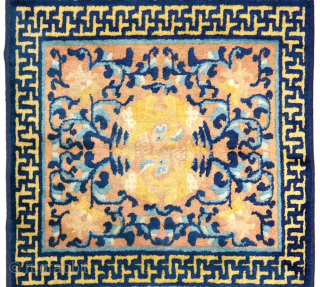 Impressive six square runner made in the Ningxia region of China featuring two dancing cranes in a roundel on an apricot coloured background, enclosed by an interlocking swastika border, was made in  ...