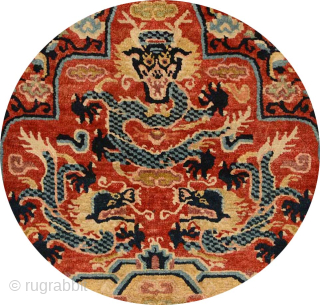 Rare Tibetan-knotted throne back or 'seating-back' carpet most likely made for a Buddhist lama associated with one of the 'red hat' Buddhist sects in Tibet. All three dragons are superbly drawn in  ...