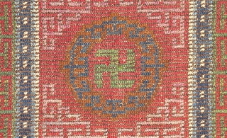 This khagangma, or Tibetan seating square, is simply nothing short of an extraordinary example of Tibetan woven art. Stunningly beautiful, relatively large and in unaltered original condition, it has a central yundrung  ...