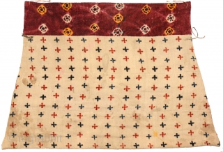 A finely woven trapezoid shaped Tibetan ‘takheb’ blanket made of tie-dyed woolen nambu cloth for use over a horse or yak. The front is made of four strips of very finely woven  ...