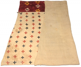 A finely woven trapezoid shaped Tibetan ‘takheb’ blanket made of tie-dyed woolen nambu cloth for use over a horse or yak. The front is made of four strips of very finely woven  ...