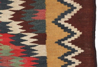 South Persian Tribal. Strikingly beautiful ‘eye-dazzler’ kilim from the early 1900's. Very finely woven and saturated with lovely abrashed rich natural dyes. There is an old restoration / repair to one corner  ...