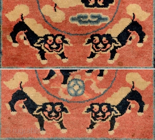 Small Lion-Dog carpet / seating square from the Baotou-Suiyuan region of China, that may have originally been part of a long runner, and from the latter 2nd half of the 1800's. Five  ...